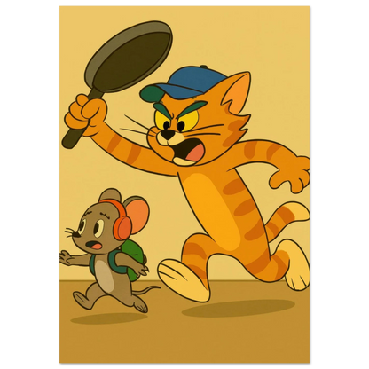 Katt Poster – Katt Jagar Mus med Stekpanna | Premium Halvblankt Papper