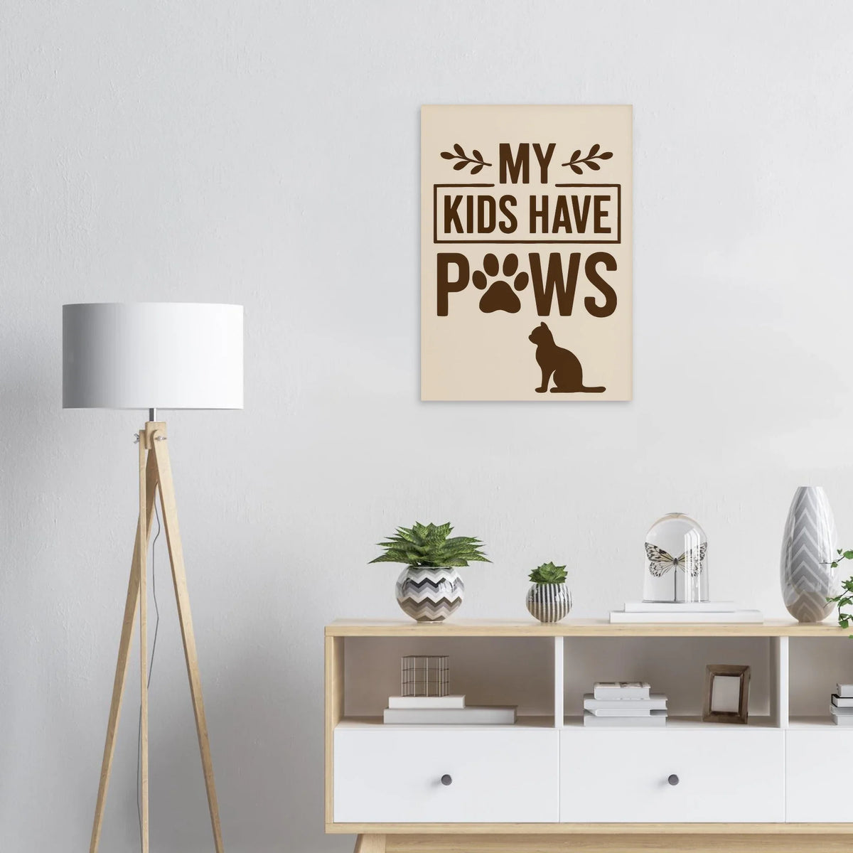 "My Kids Have Paws" Kattkonsttryck i jordnära toner – Perfekt present för kattälskare i flera storlekar
