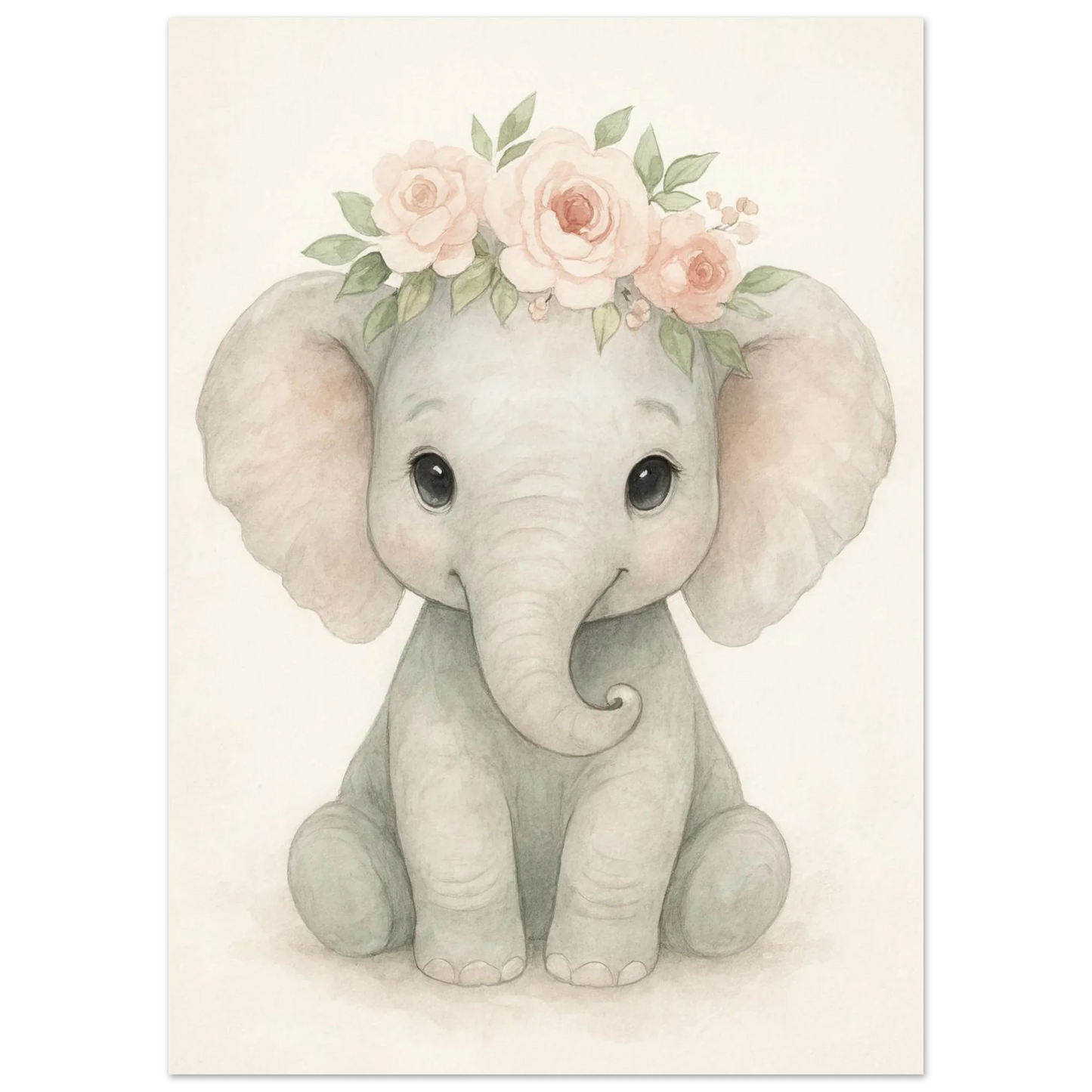 Söt Baby Elefant med Blomsterkrans – Akvarellkonsttryck för Barnrummet