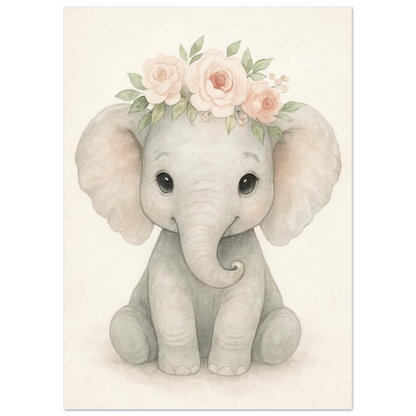 Söt Baby Elefant med Blomsterkrans – Akvarellkonsttryck för Barnrummet
