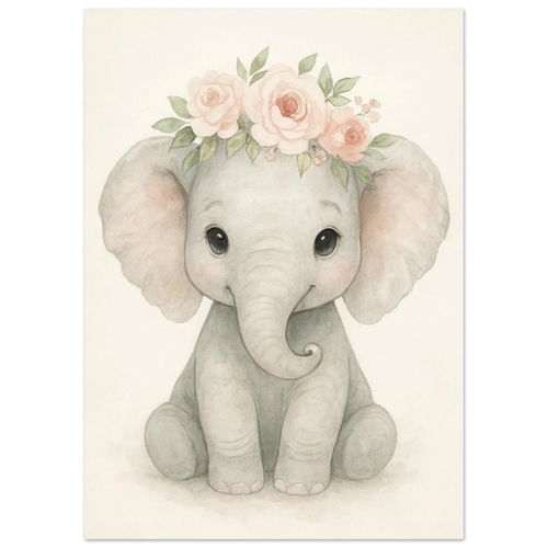 Söt Baby Elefant med Blomsterkrans – Akvarellkonsttryck för Barnrummet