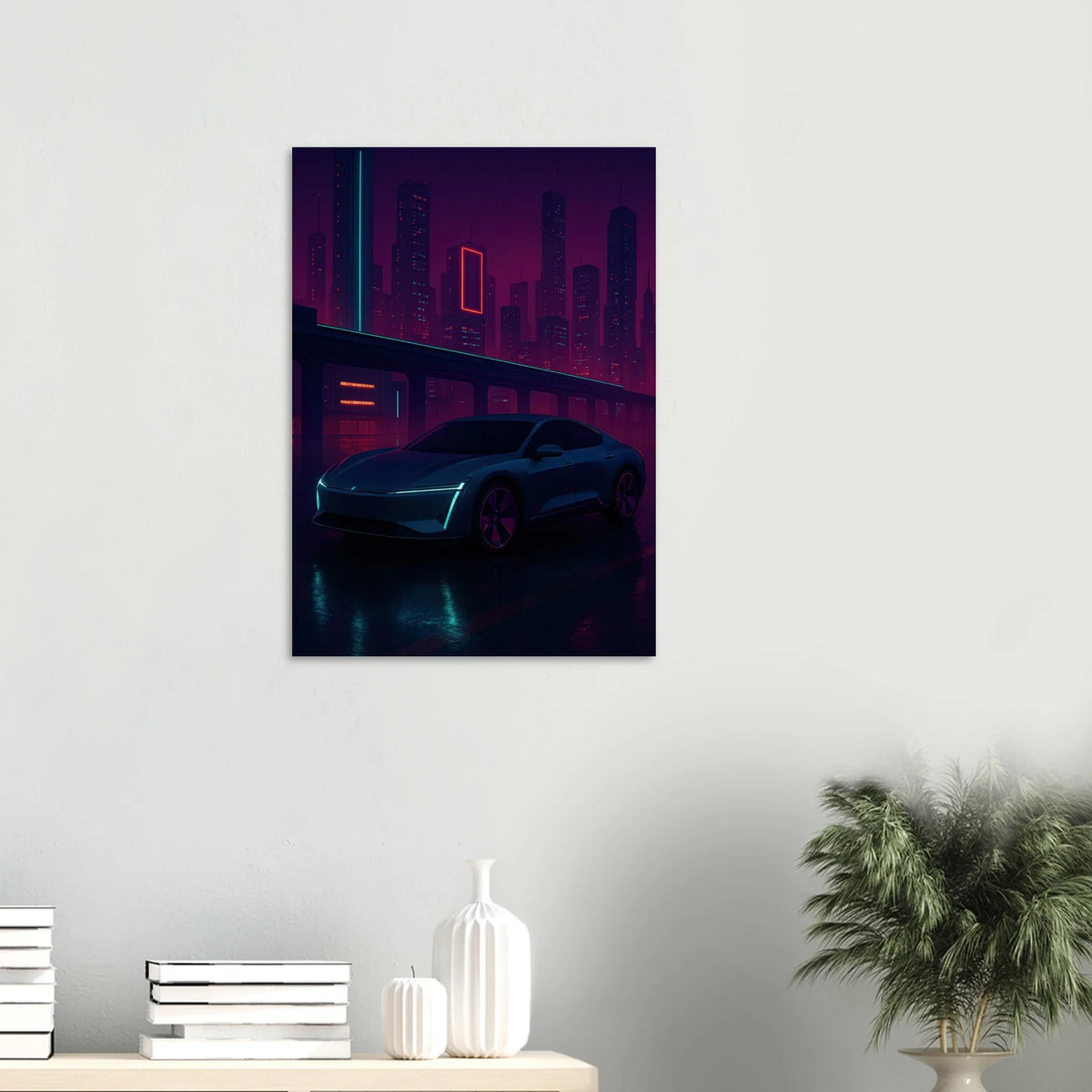 Neon Night Rider: Futuristisk Bilkonsttryck i cyberpunkstil