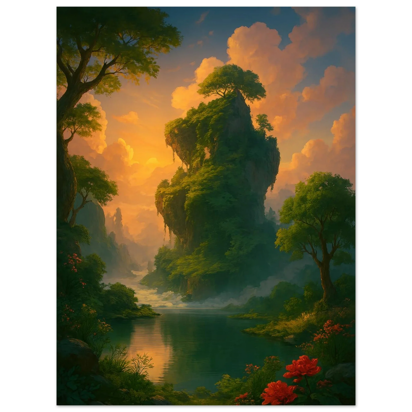 Mystical Sunset Isle: Vibrant Landscape Premium Art Poster