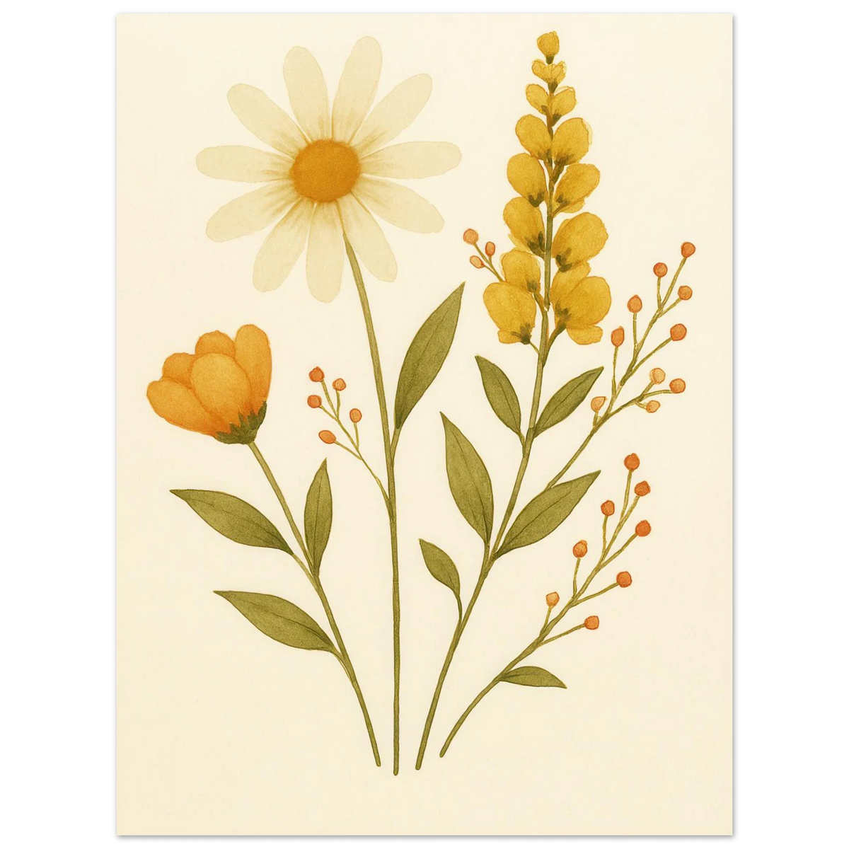 Vibrant Watercolor Wildflowers Print – Daisy, Berries & Botanical Art in Warm Hues