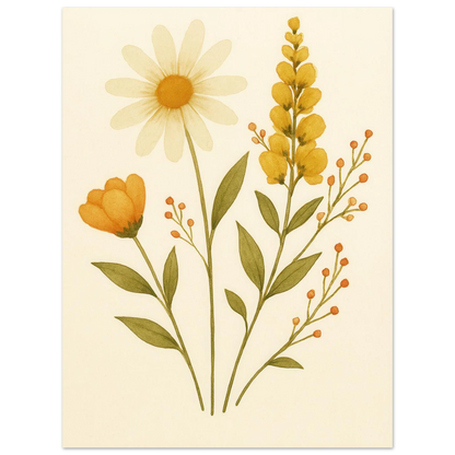 Vibrant Watercolor Wildflowers Print – Daisy, Berries & Botanical Art in Warm Hues