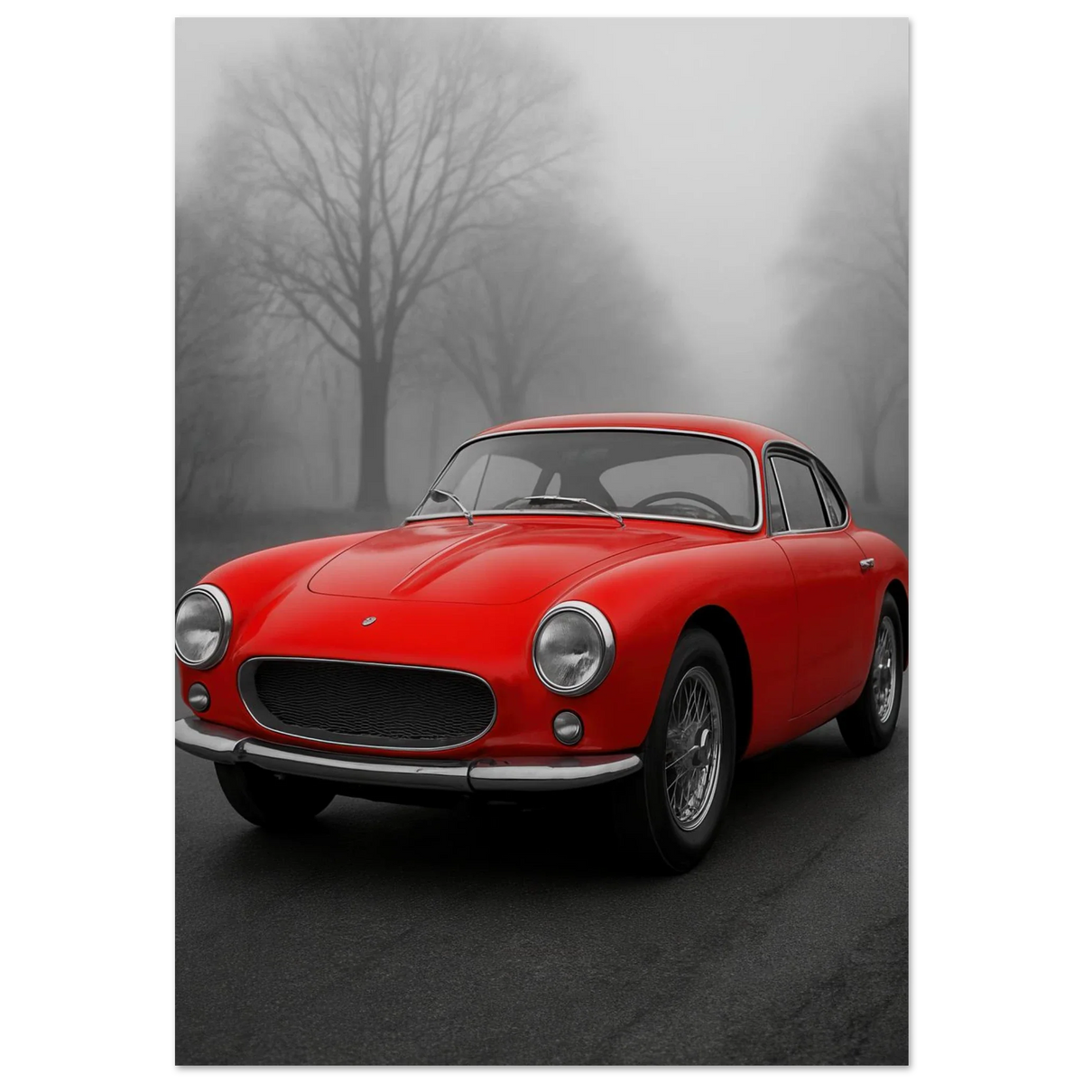 Bilar: Classic Red Sports Car Art Print – Captivating Mist Series, Available in Multiple Sizes
