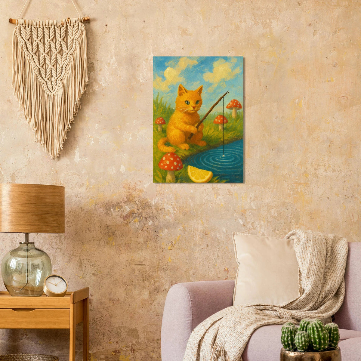 Kattfiske Poster – Elegant Konstverk med Katt som Fiskar i Damm