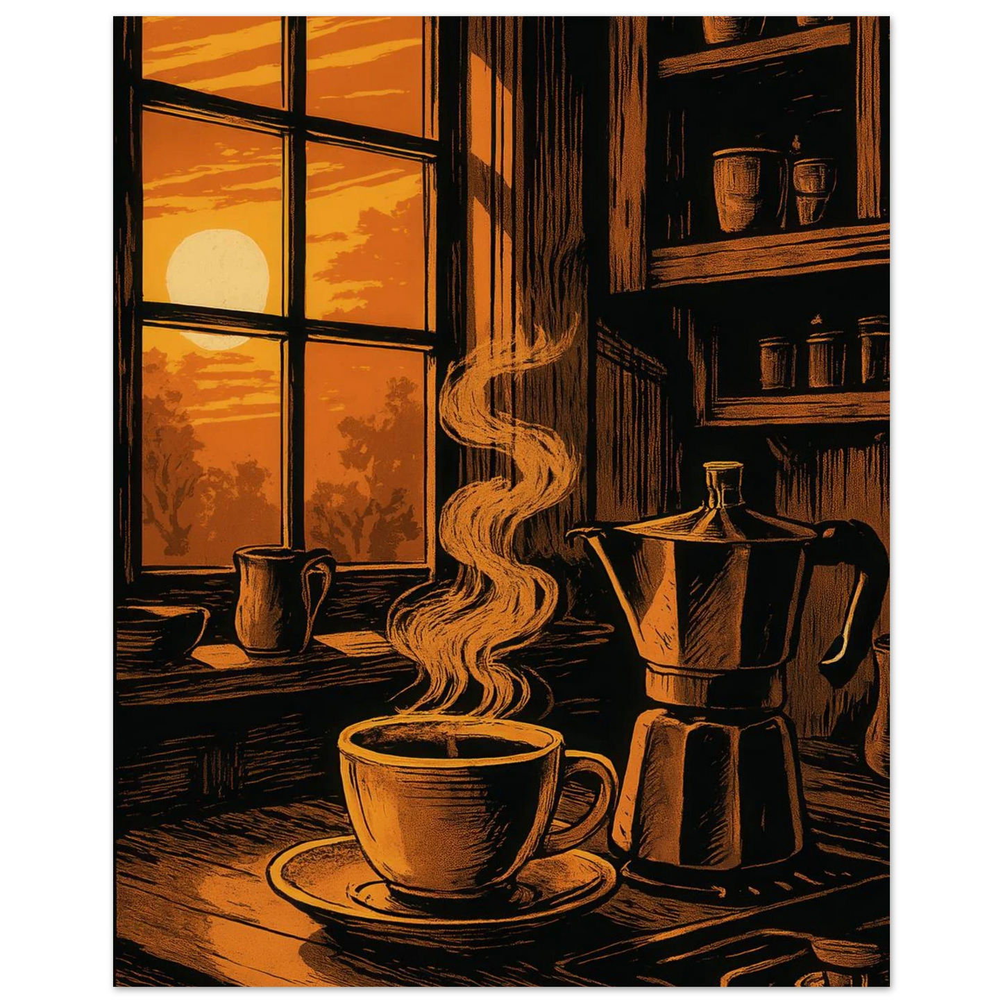 Frukter: "Warm Morning Brew" Konsttryck – Mysig Kökskonst för Hemmet