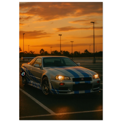 Iconic Skyline GTR Sportbil Konstaffisch – Fånga Fartens Själ i Solnedgången