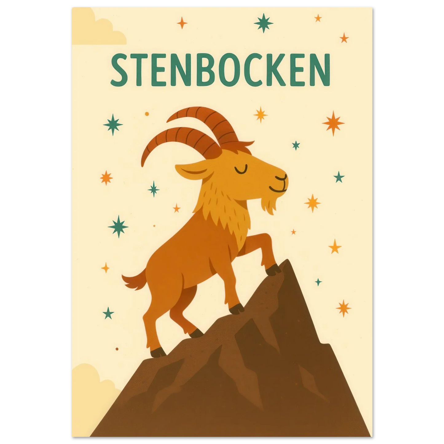 Stenbocken Zodiac Konsttryck: Charmigt Berggetmotiv på Premium Halvblankt Papper