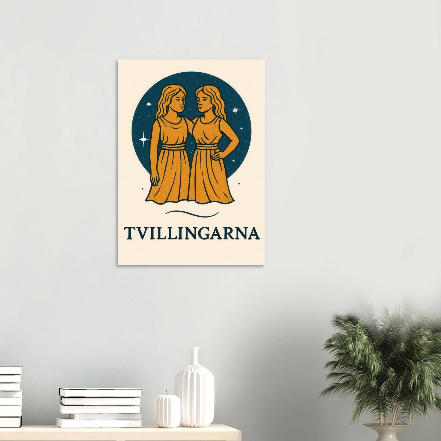 Tvillingarna Zodiac Konsttryck – Gulblå Retro Astrologisk Design Affisch