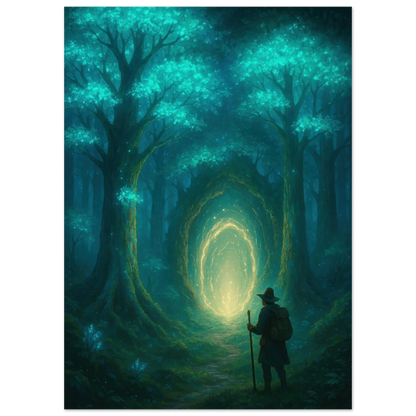 Mystisk Skog Portal Poster - Förtrollande Konsttryck med Lysande Träd & Äventyrare