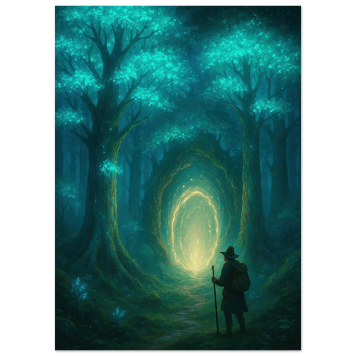 Mystisk Skog Portal Poster - Förtrollande Konsttryck med Lysande Träd & Äventyrare