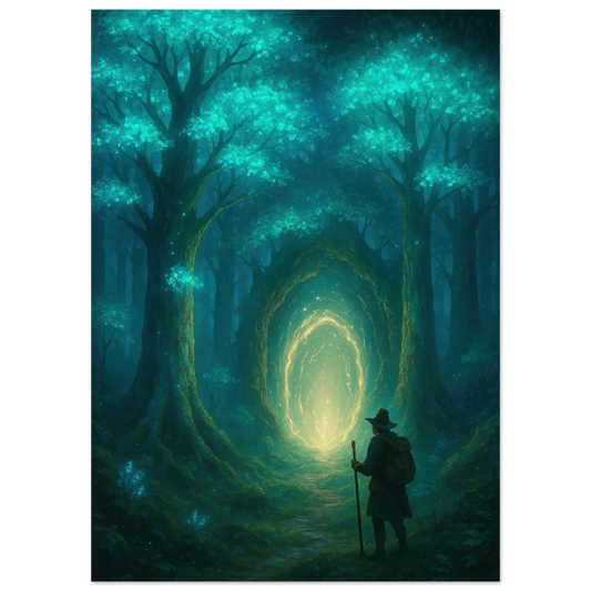 Mystisk Skog Portal Poster - Förtrollande Konsttryck med Lysande Träd & Äventyrare