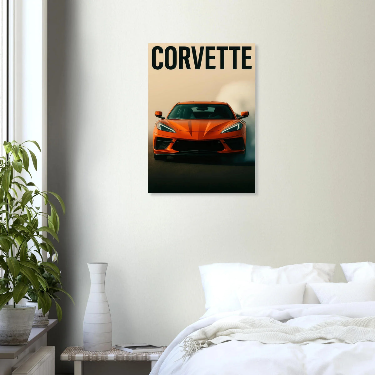 Bilar: Corvette Orange Burnout Print – Dynamisk Väggkonst för Bilentusiasten i Flera Storlekar