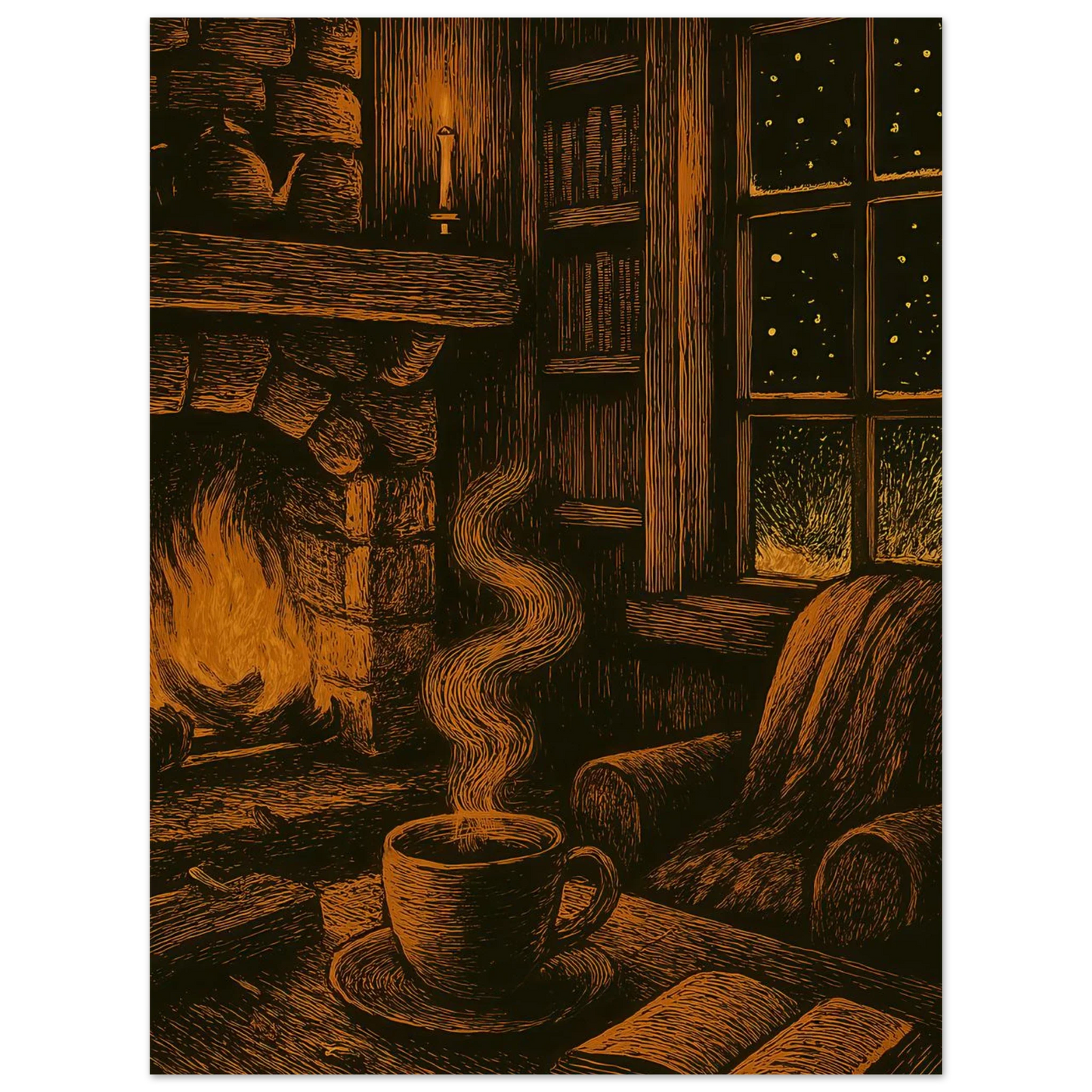 Cozy Winter Night Retreat Art Print - Hygge-Inspired Fireplace & Coffee Scene, Available in Multiple Sizes
