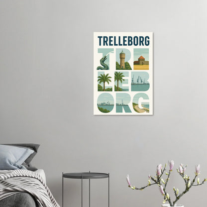 Trelleborg Travel Poster: Iconic Landmarks & Coastal Views in a Unique Typography Design