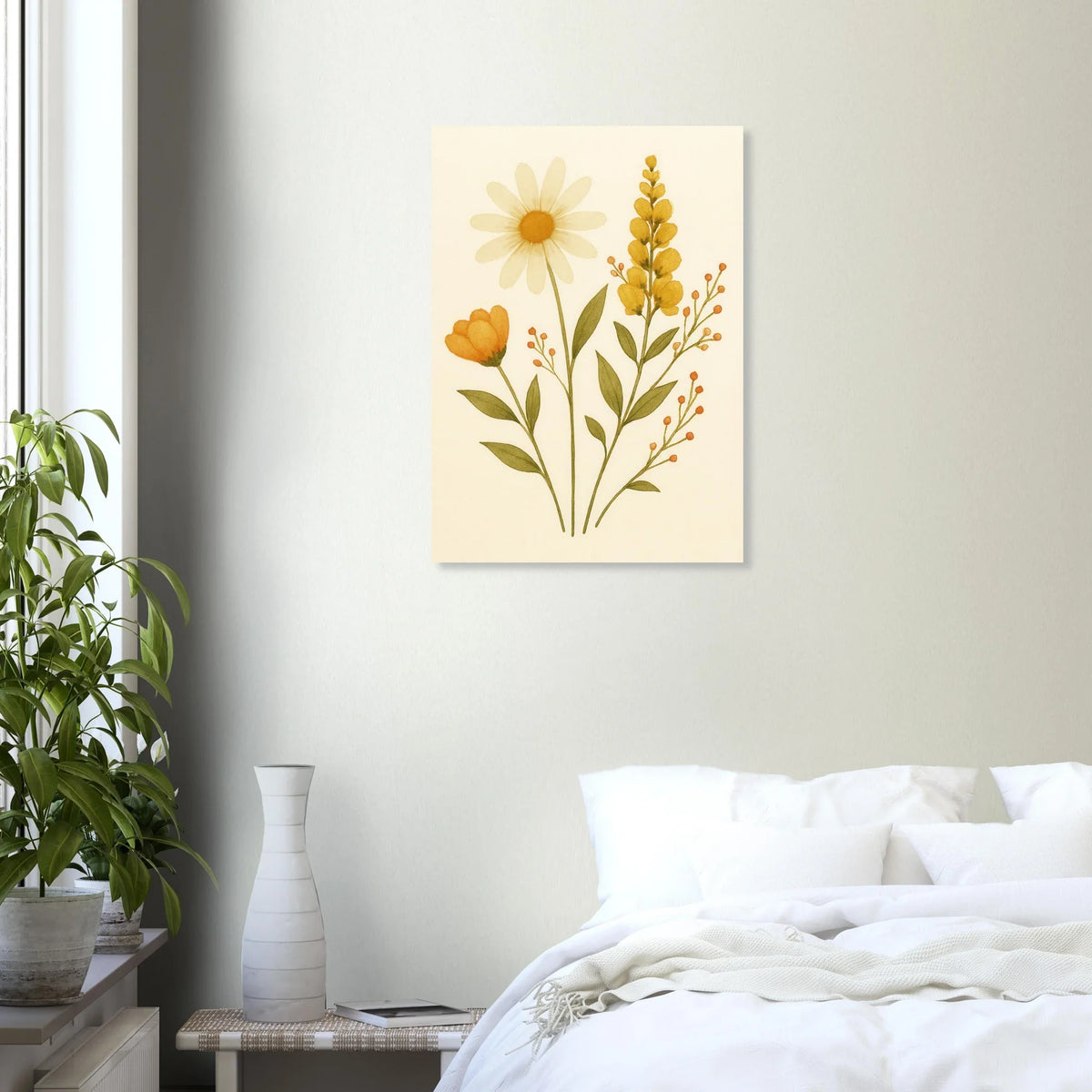 Vibrant Watercolor Wildflowers Print – Daisy, Berries & Botanical Art in Warm Hues