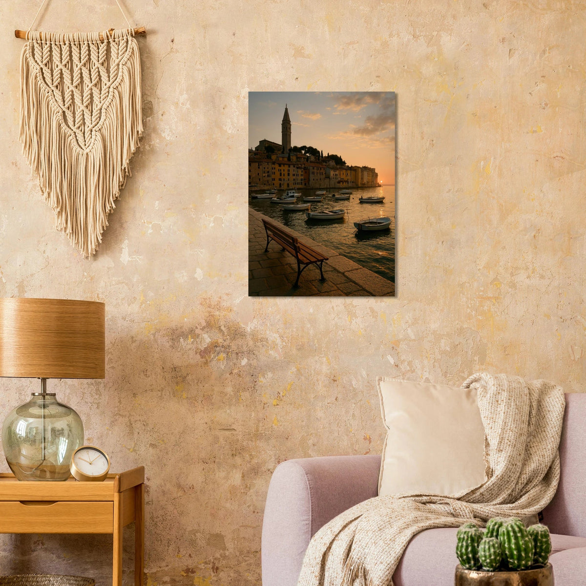 Golden Hour Coastal Town Sunset Poster – Vivid Seascape Art Print in Your Choice of 29 Sizes