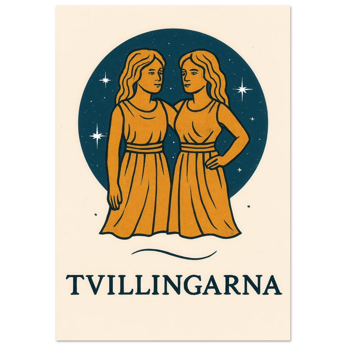 Tvillingarna Zodiac Konsttryck – Gulblå Retro Astrologisk Design Affisch