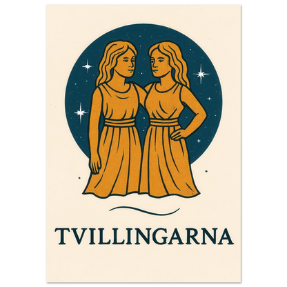 Tvillingarna Zodiac Konsttryck – Gulblå Retro Astrologisk Design Affisch