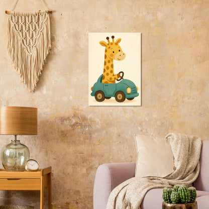 Söt Giraff i Bil – Lekfull Barnrumstavla
