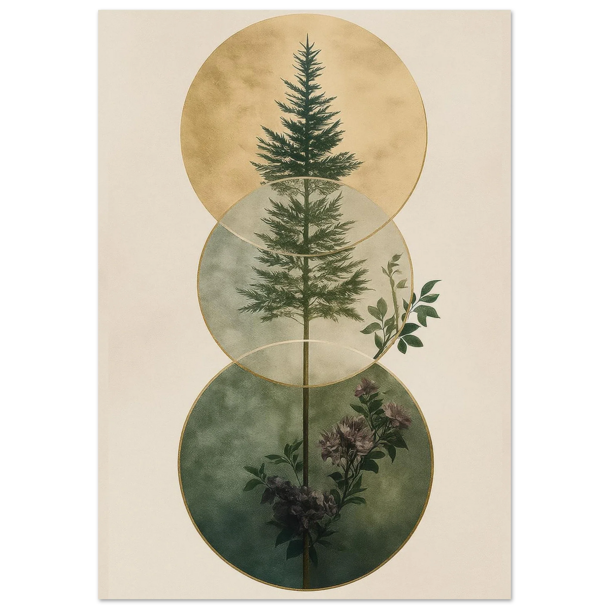 Zen Forest Harmony Abstract Art Poster – Nature-Inspired Green & Gold Modern Wall Decor in Multiple Sizes
