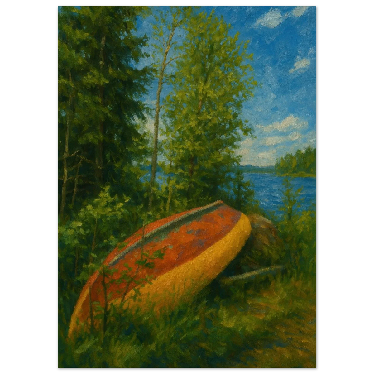 Rustic Lake Serenity: Impressionist Lakeside Canoe Art Print in Your Choice of 29 Sizes