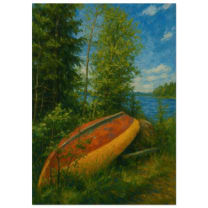Rustic Lake Serenity: Impressionist Lakeside Canoe Art Print in Your Choice of 29 Sizes