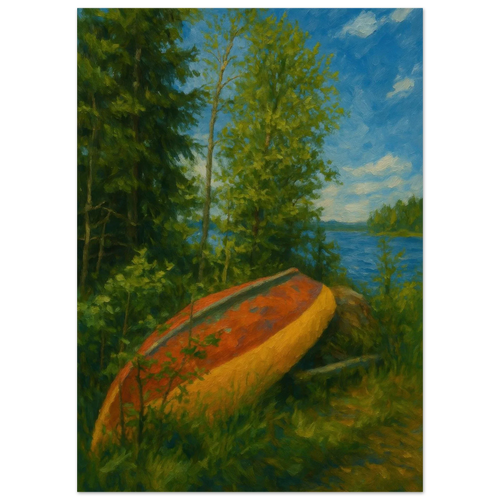 Rustic Lake Serenity: Impressionist Lakeside Canoe Art Print in Your Choice of 29 Sizes