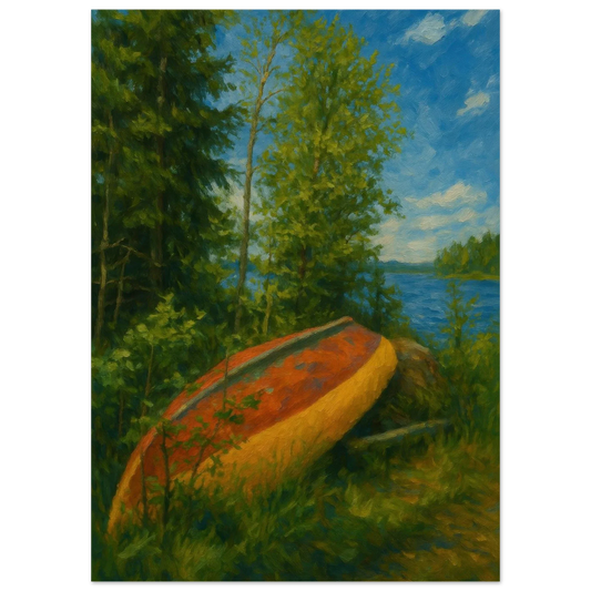 Rustic Lake Serenity: Impressionist Lakeside Canoe Art Print in Your Choice of 29 Sizes