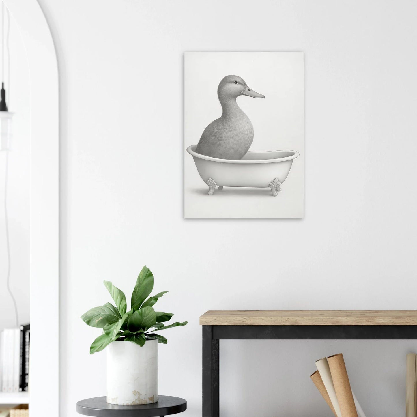 Charming Duck in Bathtub Pencil Sketch Art Print – Whimsical Wall Decor in Various Sizes