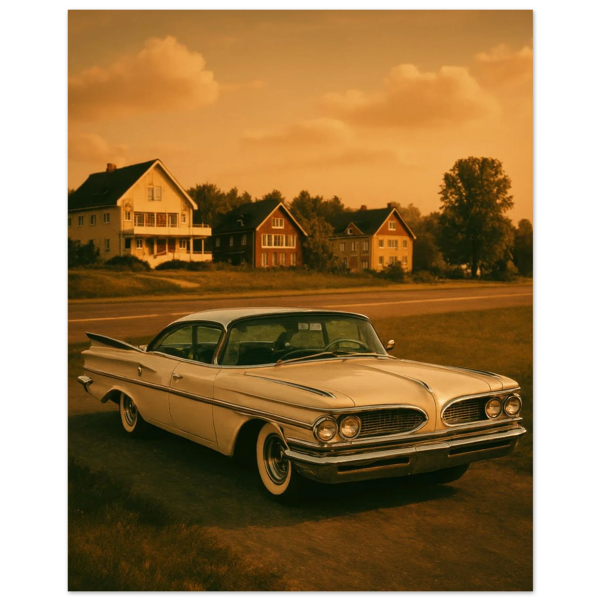 Retro Sunset Drive Poster - Vintage Car Art Print in Warm Sepia Tones, Available in 29 Sizes