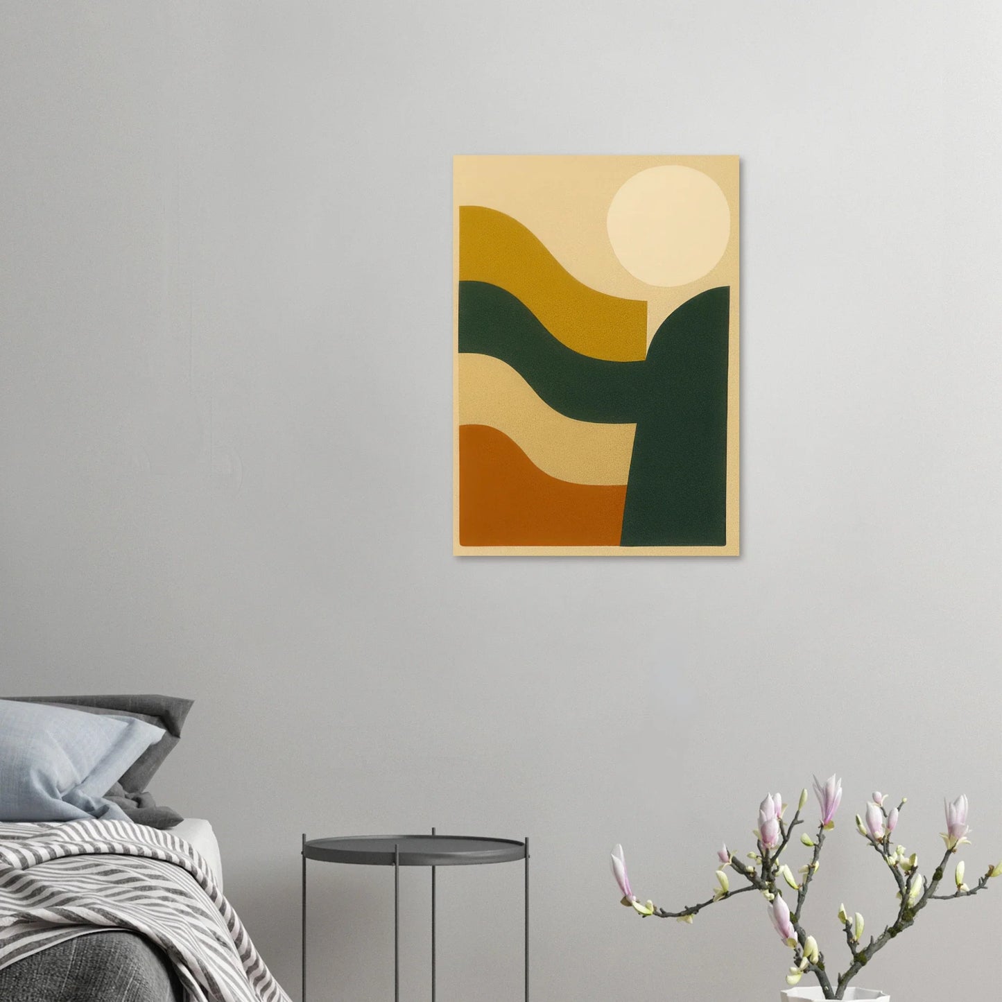 Abstrakt / Minimalistisk Solnedgång Poster – Moderna Vågor i Ockra, Skogsgrönt & Terrakotta, i Flera Storlekar