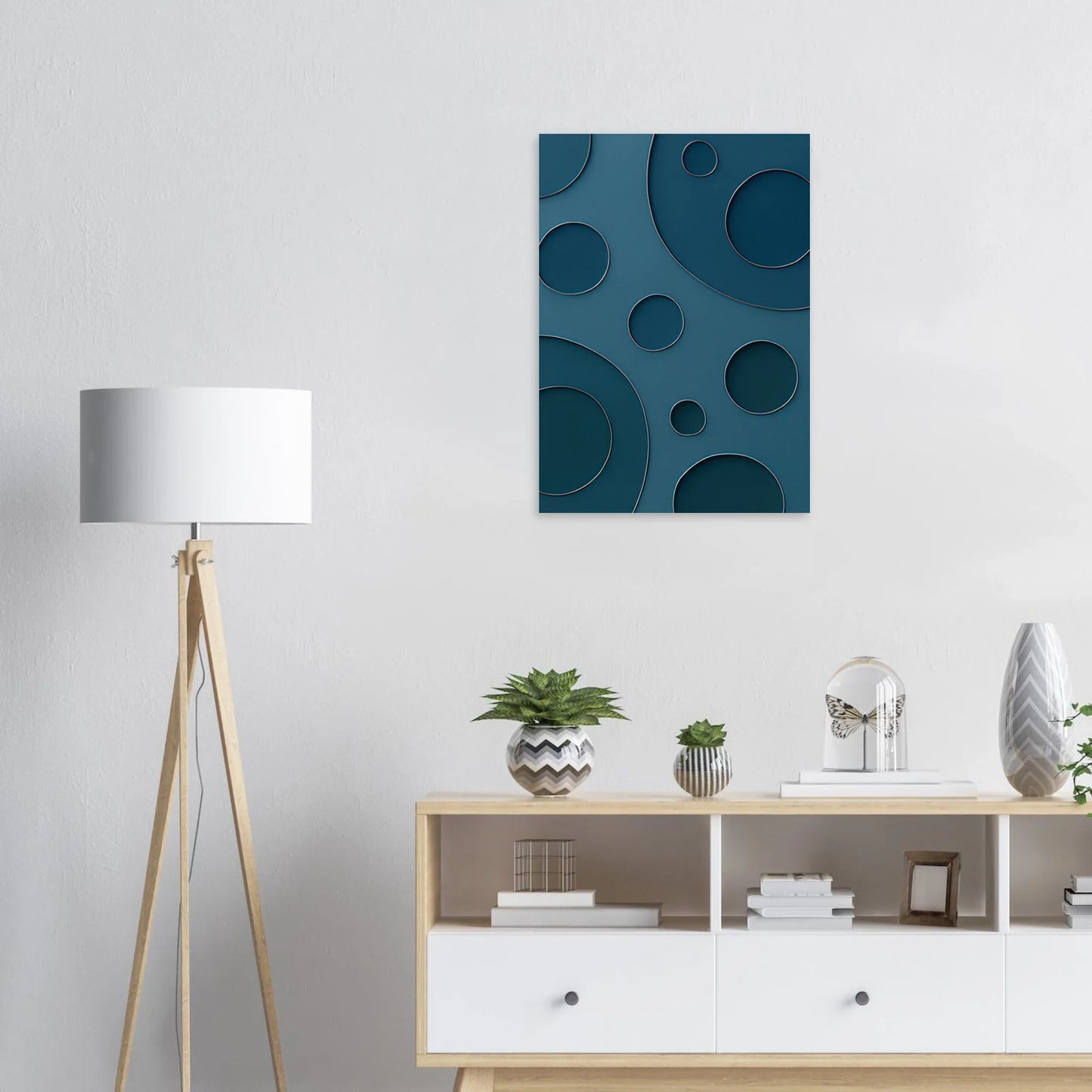 Abstrakt Minimalistisk Poster - Eleganta Blå Cirklar med Silverdetaljer i Flera Storlekar