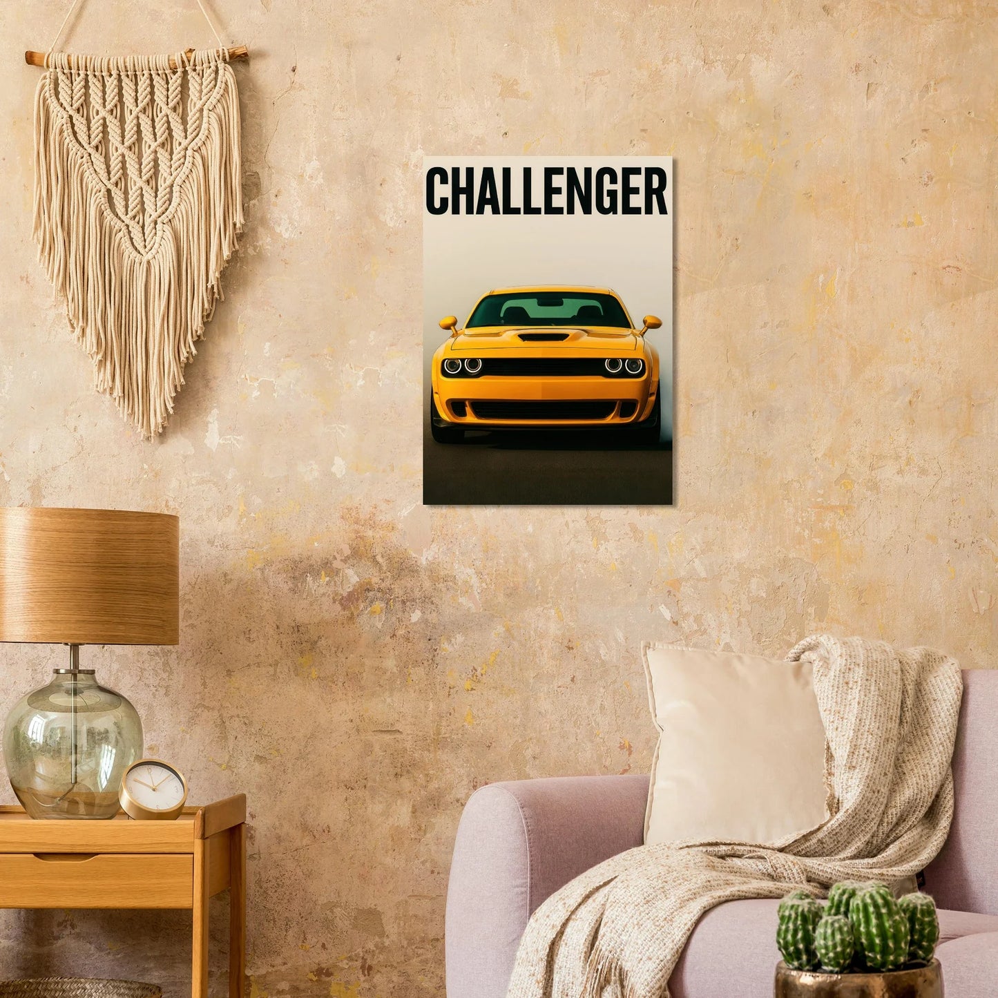 Challenger: Iconic Gul Muscle Car Konsttryck – Premium Halvblank Poster i Flera Storlekar