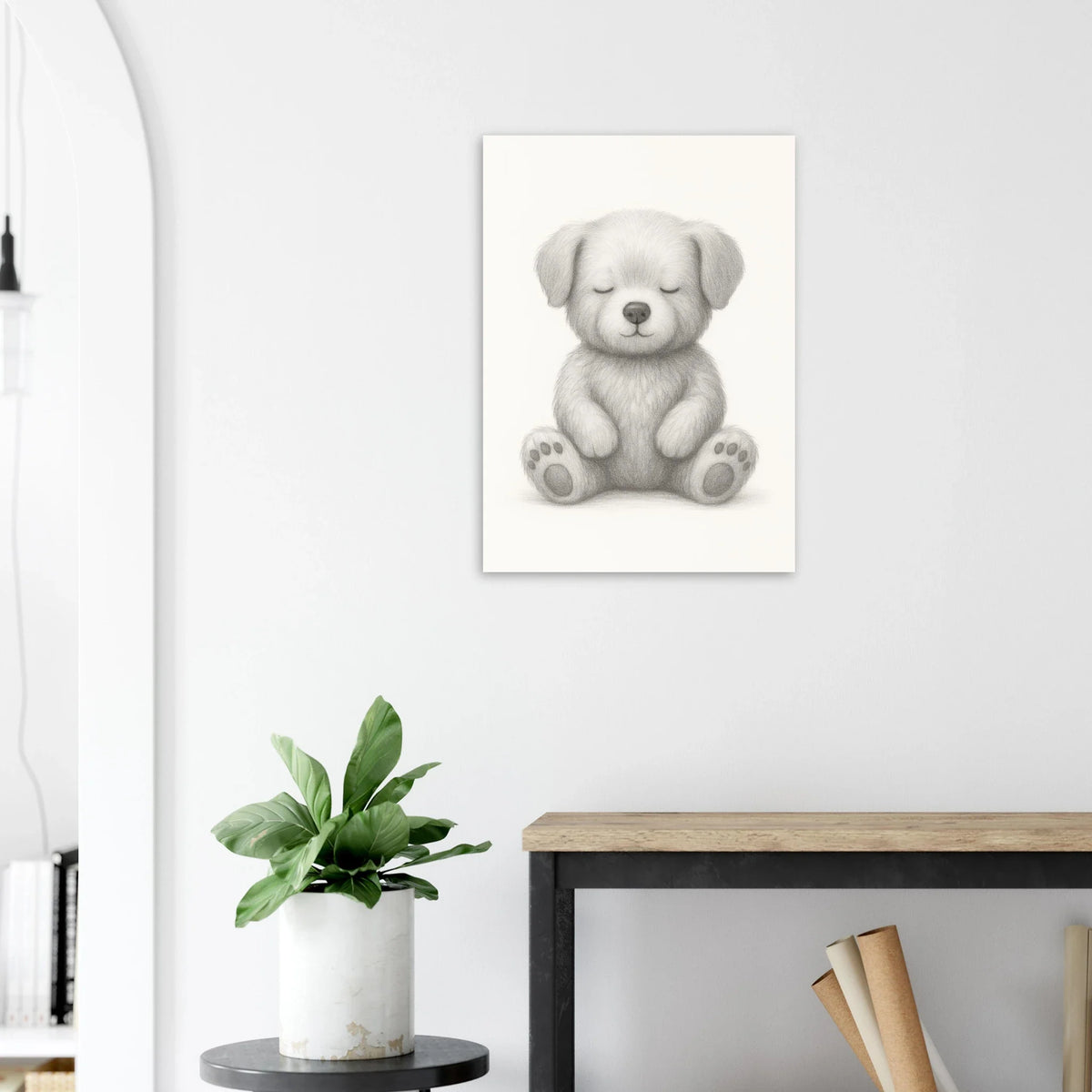 Sleepy Puppy Pencil Sketch Art Print - A Calming & Adorable Nursery Decor Poster