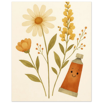 Vibrant Floral & Happy Paint Tube Art Print – Whimsical Barn Style Botanical Wall Art in Multiple Sizes