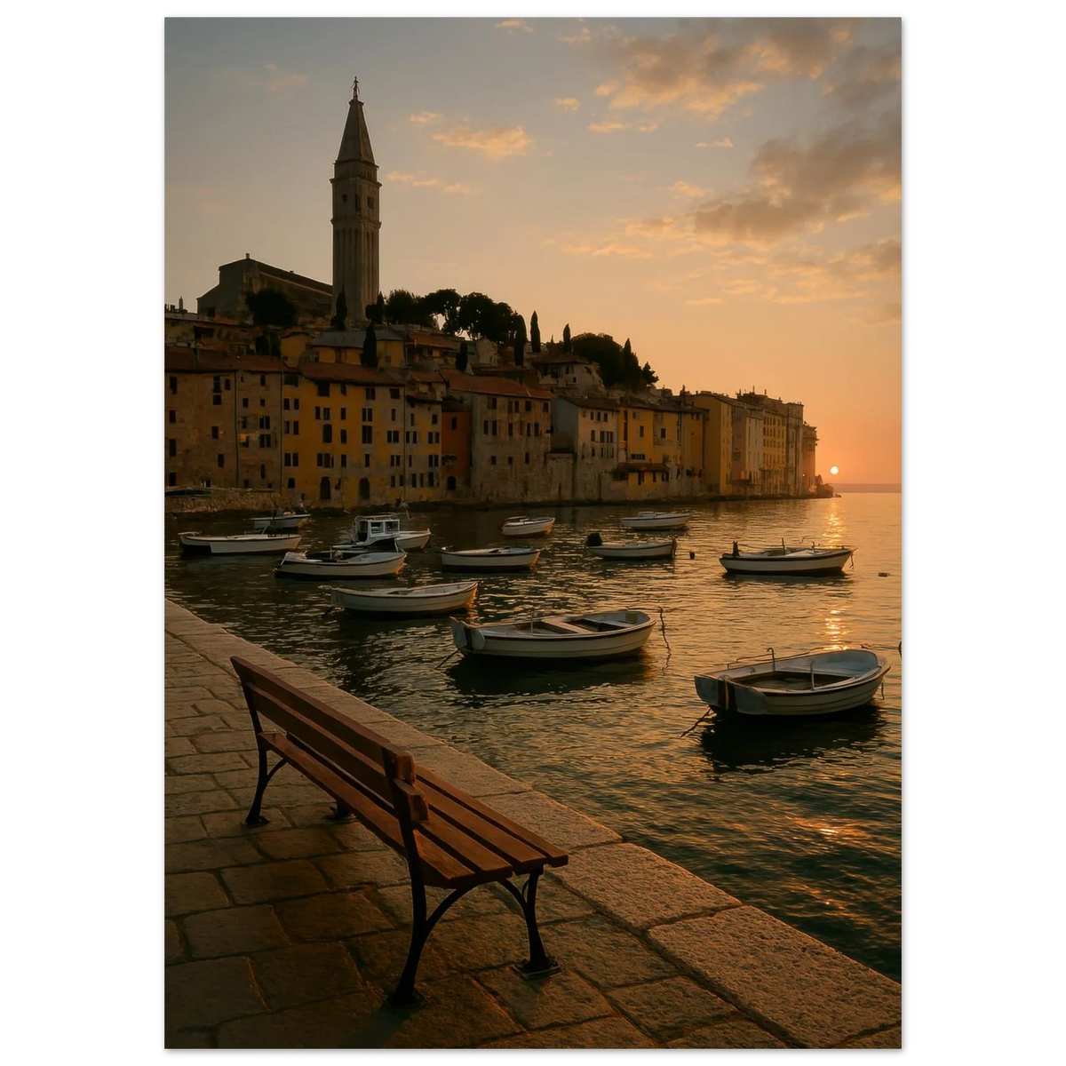 Golden Hour Coastal Town Sunset Poster – Vivid Seascape Art Print in Your Choice of 29 Sizes