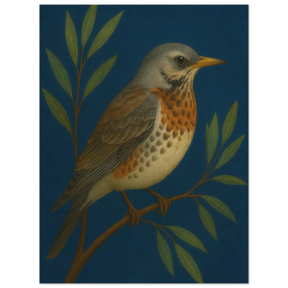 Fieldfare Bird on Branch Art Print – Vibrant Woodland Wildlife Wall Decor for Nature Lovers, in Various Sizes