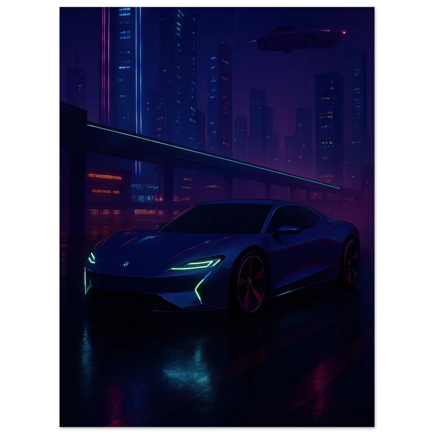 Framtidens Färd: Neo-Noir Stadsvy med Bil Art Print – Välj Din Perfekta Storlek