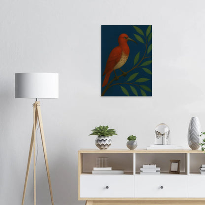 Djur: Vibrant Crimson Bird Art Print on Deep Teal Background, available in multiple sizes