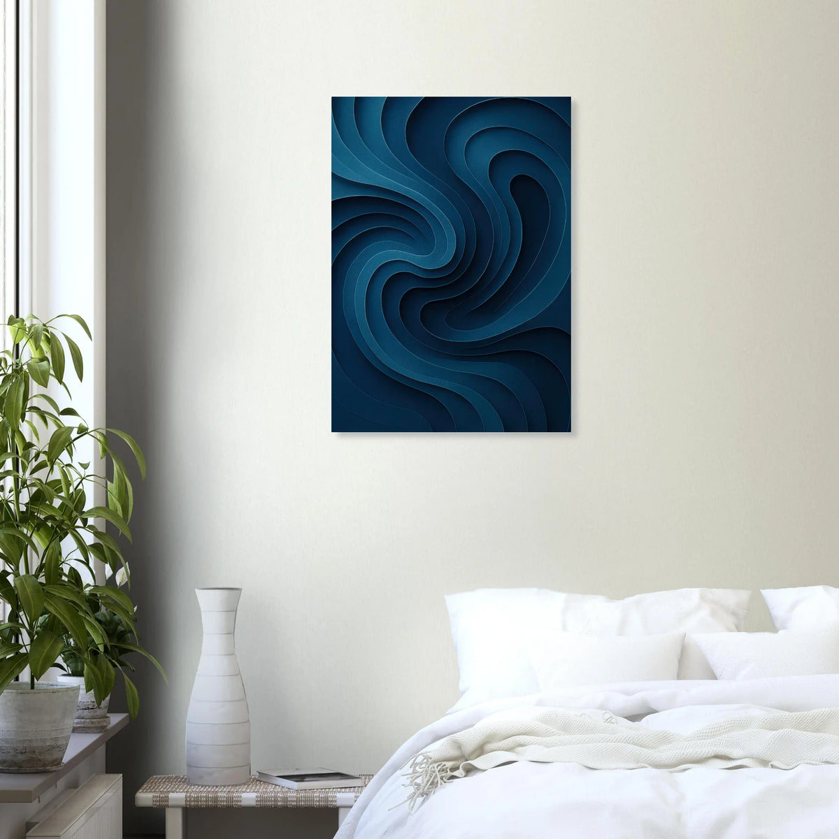 Deep Ocean Swirl Abstract Poster Print: Minimalist Curves in Indigo & Teal – Elevate Your Space with Modern Art