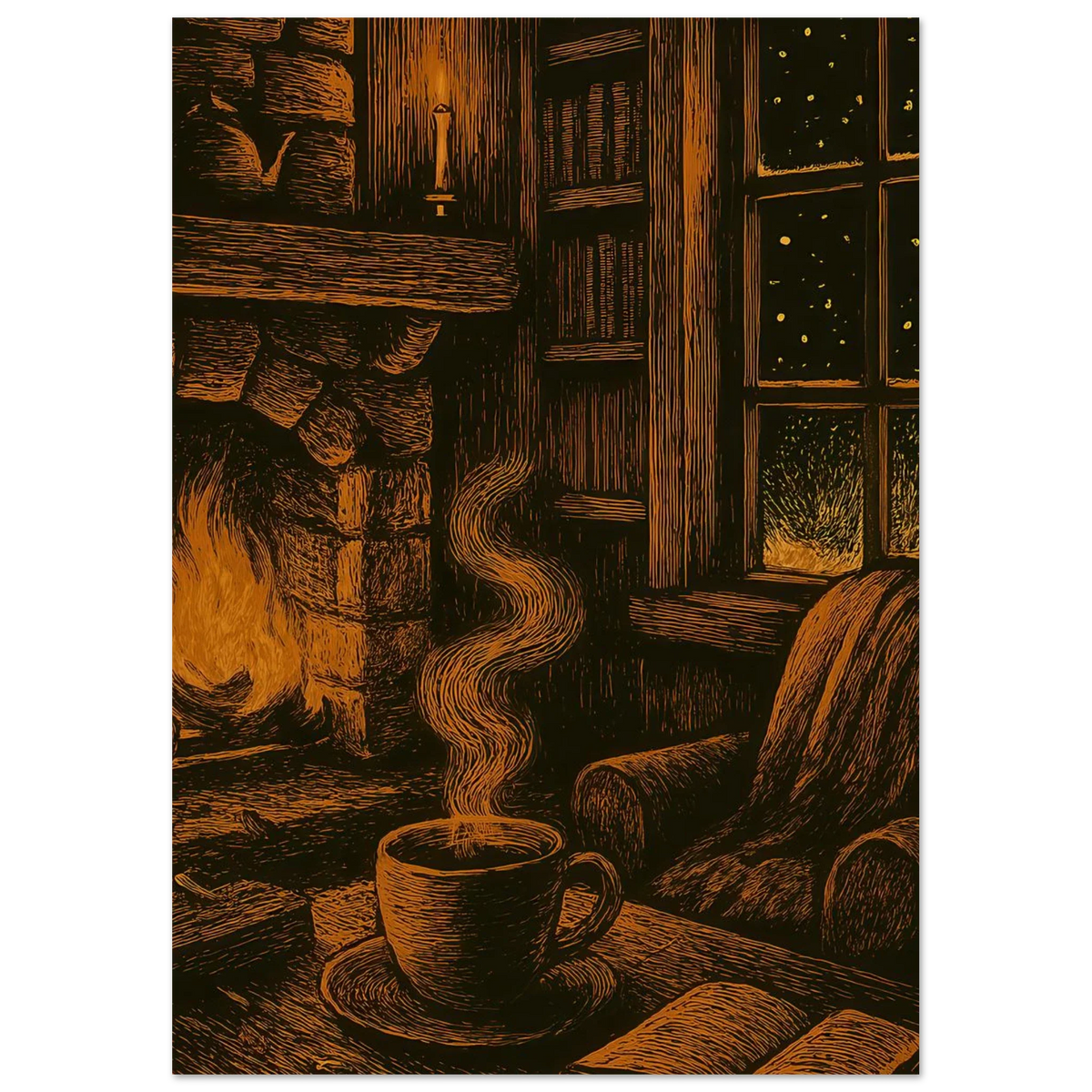 Cozy Winter Night Retreat Art Print - Hygge-Inspired Fireplace & Coffee Scene, Available in Multiple Sizes