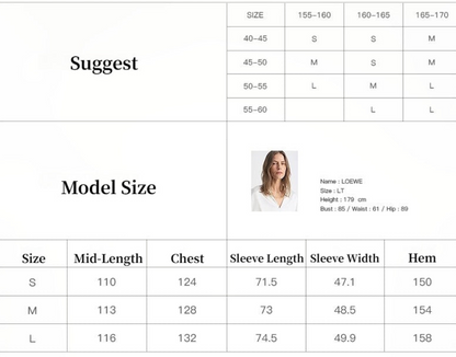 Size chart with model measurements for a garment, including size chart and model photo.