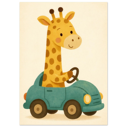 Söt Giraff i Bil – Lekfull Barnrumstavla