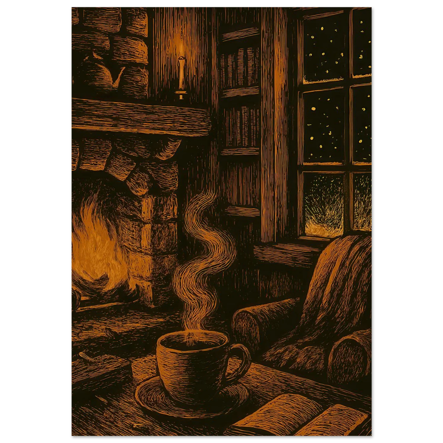 Cozy Winter Night Retreat Art Print - Hygge-Inspired Fireplace & Coffee Scene, Available in Multiple Sizes