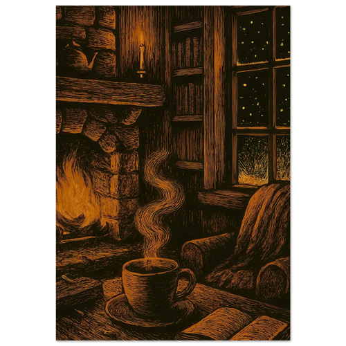 Cozy Winter Night Retreat Art Print - Hygge-Inspired Fireplace & Coffee Scene, Available in Multiple Sizes