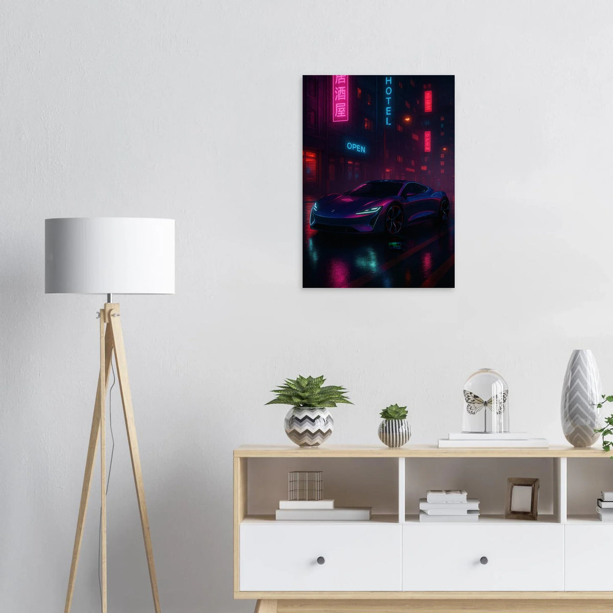 Neon Night Rider Poster: Vibrant Cyberpunk Car Art Print, Choose Your Size
