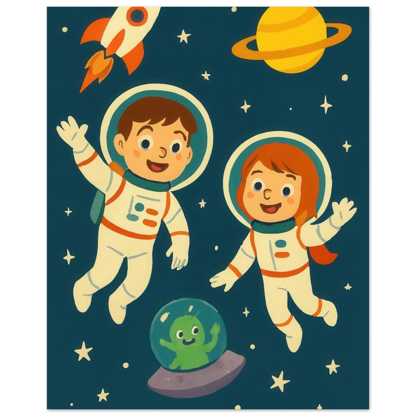 Kosmiska Kompisar: Fängslande Astronaut- & Alien- Konsttryck